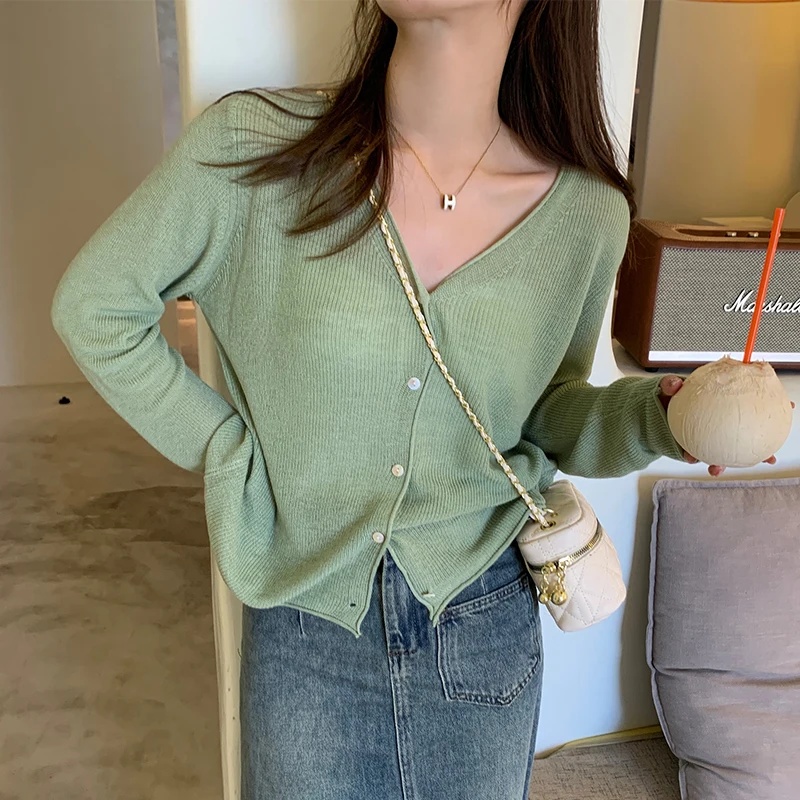 Summer Clothing Yarn - 女性用日焼け止めニットセーター、女性用カーディガン、新作長袖Vネックニットセーターカーディガン、女性用トップスセーターQ3594