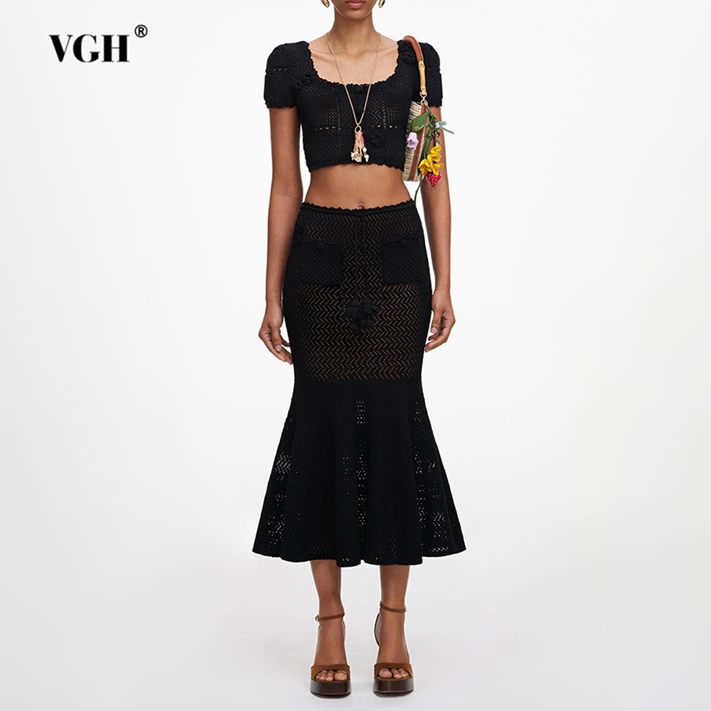 Summer Clothing Accessories - VGH ブラック 3D 花柄 ホローニット ツーピースセット