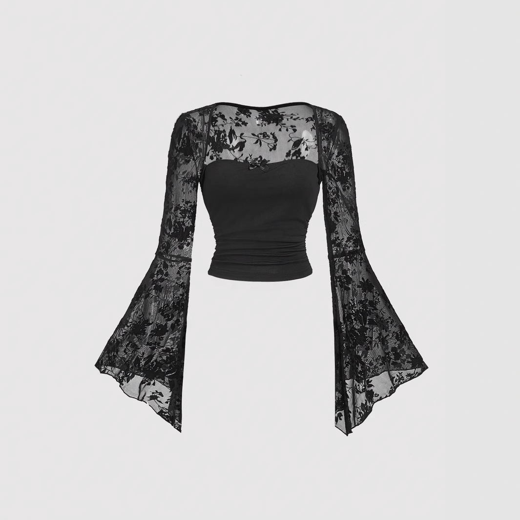Summer Grunge Clothing - ゴシックセクシーなレースメッシュフレア長袖スモック Y2K ヴィンテージブラックシースルーカバーアップ Tシャツグランジ夏の女性のストリートウェア