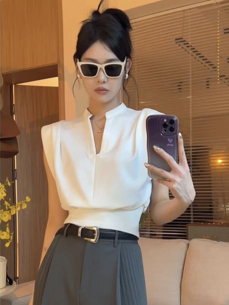 Summer Clothing Brands - レトロスタンドカラー半袖シャツ女性のファッション韓国スタイル V ネックスリムフィットトップブランド品質の夏服