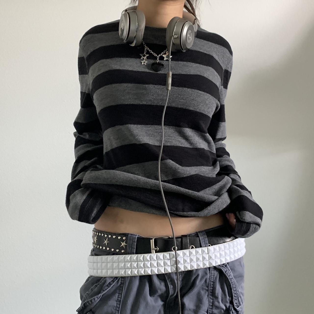 Summer Grunge Clothing - 女性妖精グランジニットベーシックシャツ秋 Y2K グレー黒ストライプ長袖ラウンドネックトップスエモ Tシャツ