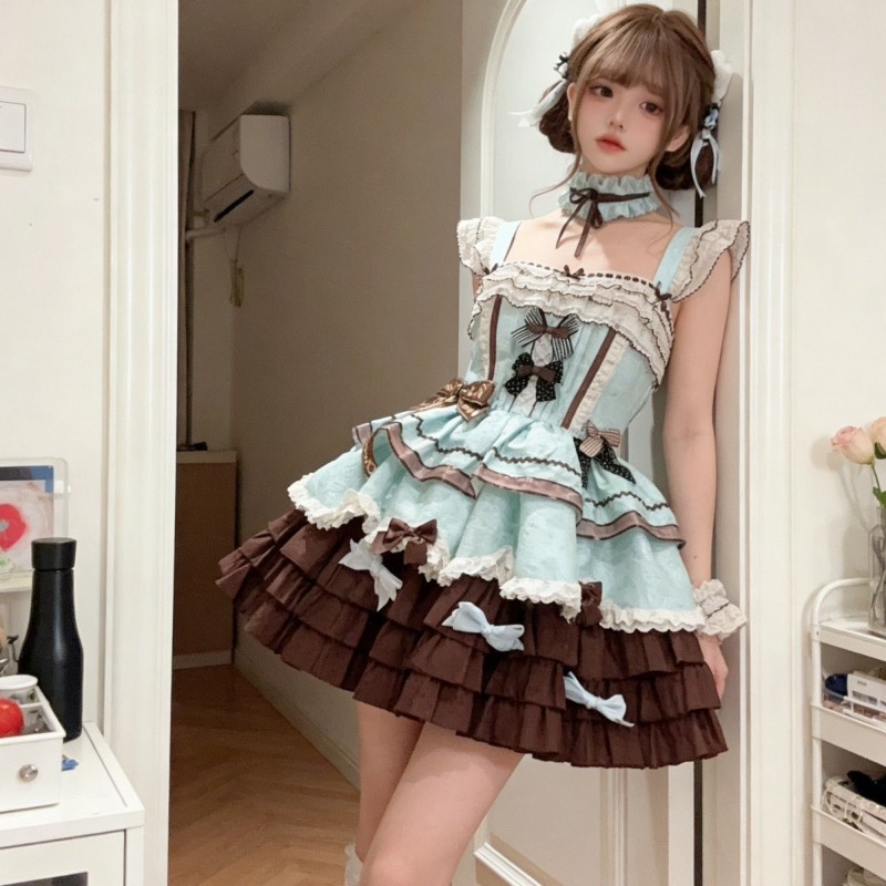 Summer Japanese Clothing - 甘い日本の素敵な JK ドレスセット女性かわいいリボンノースリーブケーキスカート新しいステッチ原宿パーティーロリータ衣装 2026 夏