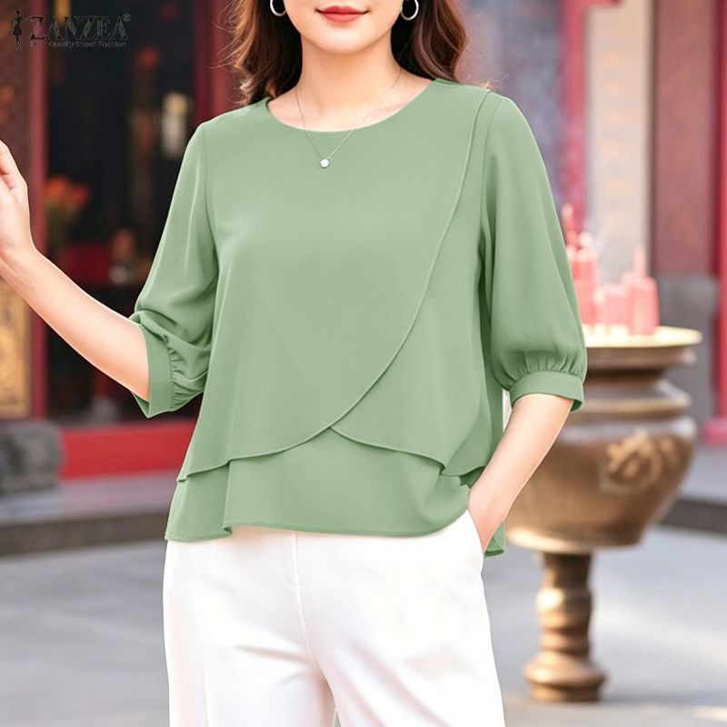 Summer Clothing Work - 2026 ZANZEA 女性夏ソリッドカラーブラウスカジュアル O ネック半袖トップスワークシャツルーズ Mujer