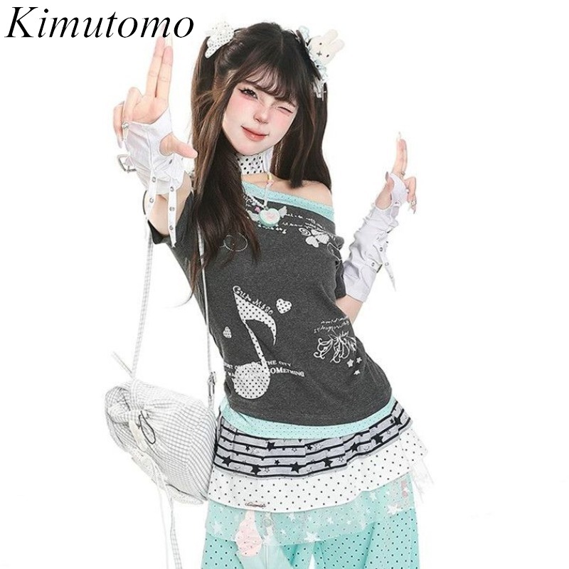 Summer Grunge Clothing - Kimutomo 女性 Tシャツ水玉プリント半袖スリムグランジゴシック Y2k 美的原宿トップスレディースファッションカジュアル Tシャツ