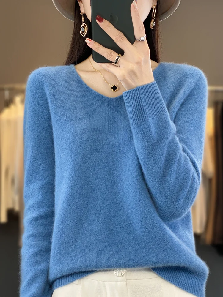 Summer Clothing Yarn - ファッション100%メリノウールセーターカシミヤプルオーバー女性ニットウェアVネック長袖秋冬ファッションベーシック衣類トップス
