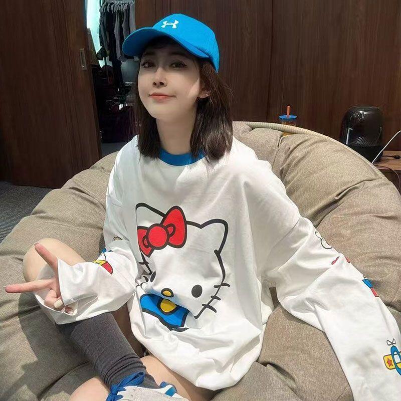 Summer Clothing Styles For Women - 長袖ハローキティ夏の新スタイル漫画かわいいプリント Tシャツ女性のための人気の緩い日焼け防止服薄いトップス