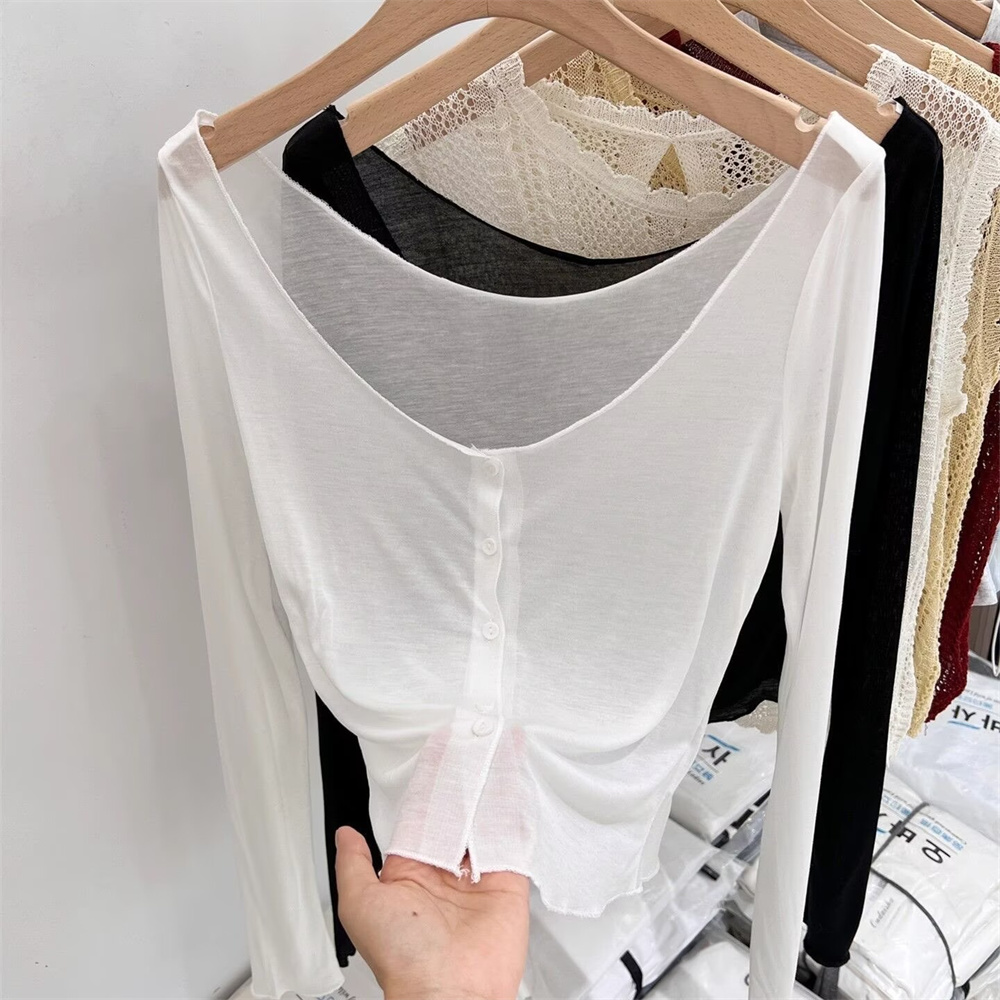 Summer Clothing Yarn - 白い服2026夏カーディガンアイスシルク薄手ウエストスリム女性用カーディガン長袖ショートトップ