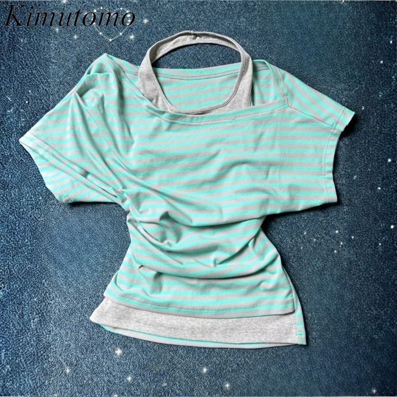 Summer Grunge Clothing - Kimutomo 女性 Tシャツストライププリントパッチワークオフショルダー Y2k 美的原宿トップスヴィンテージグランジゴシック Tシャツ