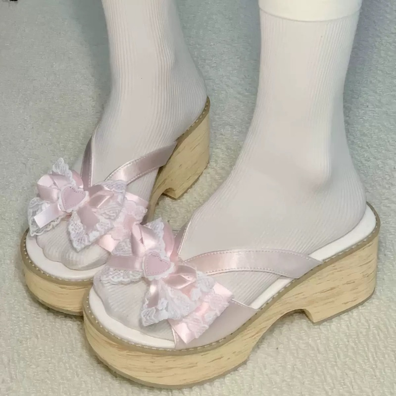 Summer Clothing Accessories - スイートボウ木目調厚底プラットフォームスリッパ女性用夏和風快適ハイヒールサンダル