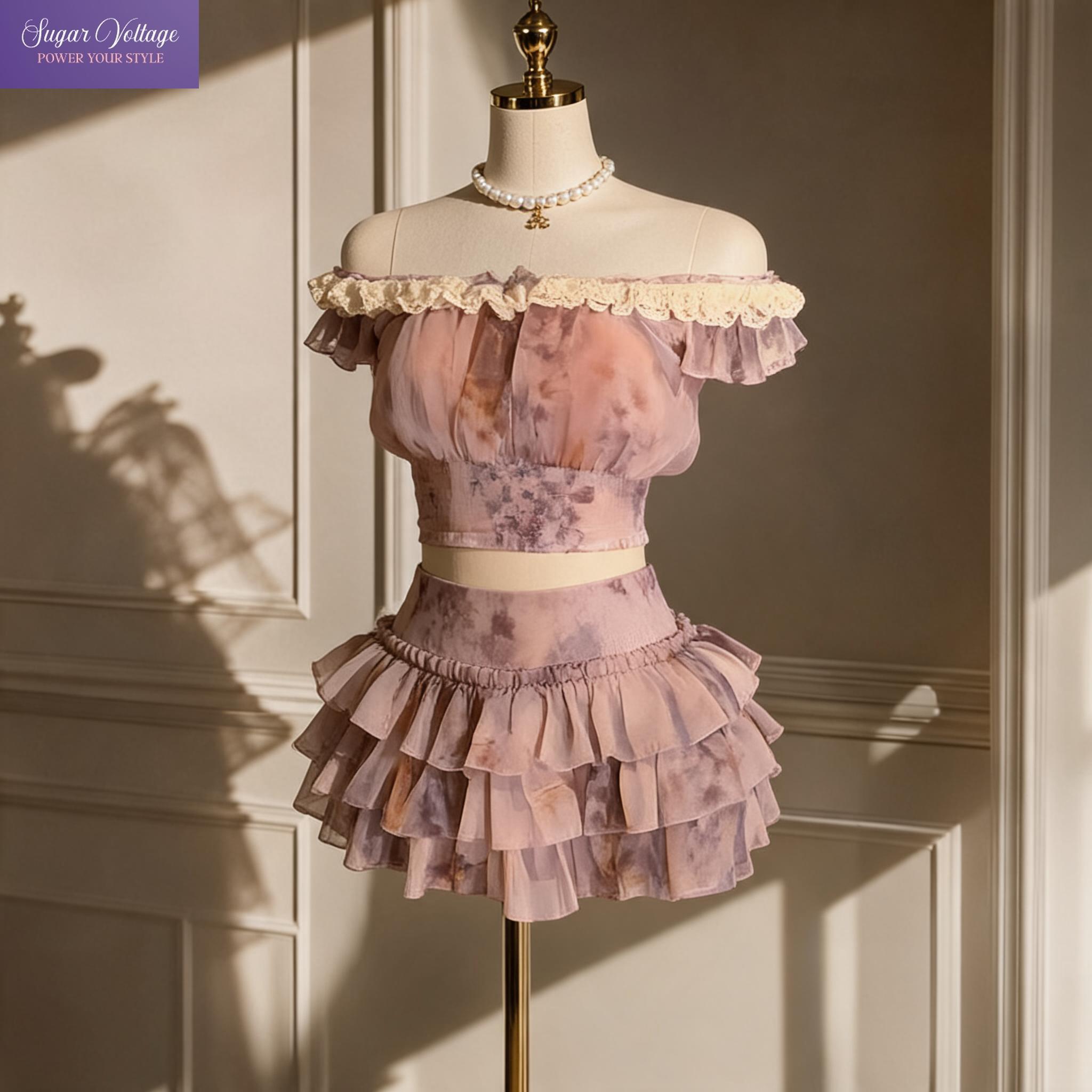 Summer Clothing Accessories - フレンチスウィートコケットオフショルダーレーストリム花柄プリント2ピースセット女性用ラッフルクロップトップティアードミニスカートサマーデイリーウェア