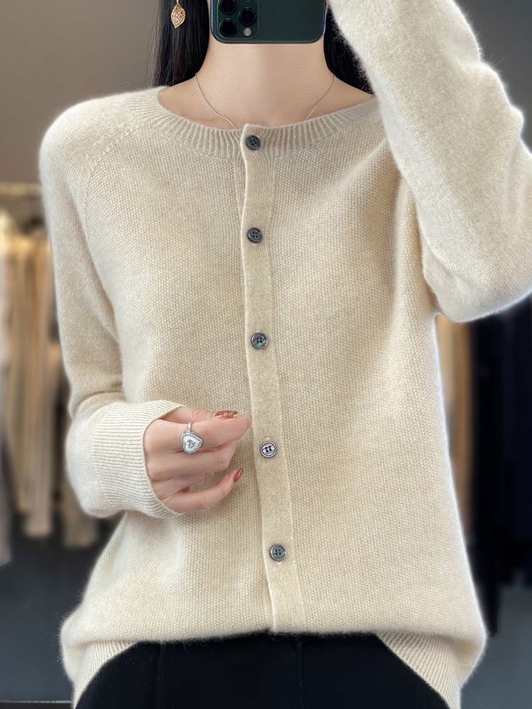 Summer Clothing Yarn - ファッション女性 100% メリノウールカーディガン秋冬 O ネック長袖ニット女性の基本的な服トップス