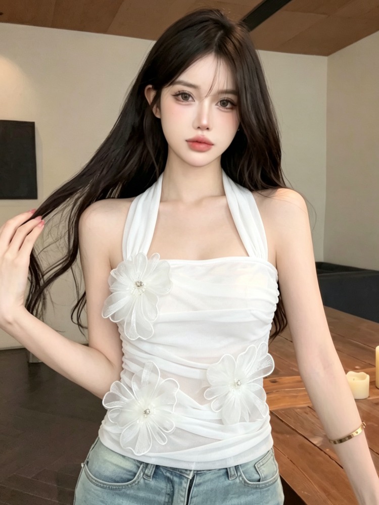 Summer Clothing Work - 韓国風ヘビーワーク3Dフラワーペタルデザインハンギングネックベスト おしゃれな夏の新作レディース服 スタンダードフィットニット