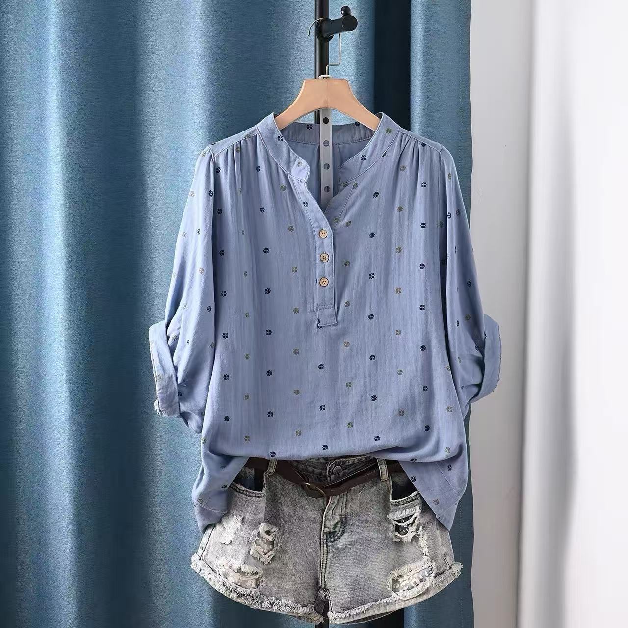 Summer Clothing Yarn - 2026年女性用ブラウス、日本製綿糸ポルカドットシャツ＆ブラウス、夏用トップス、七分袖シャツ、婦人服