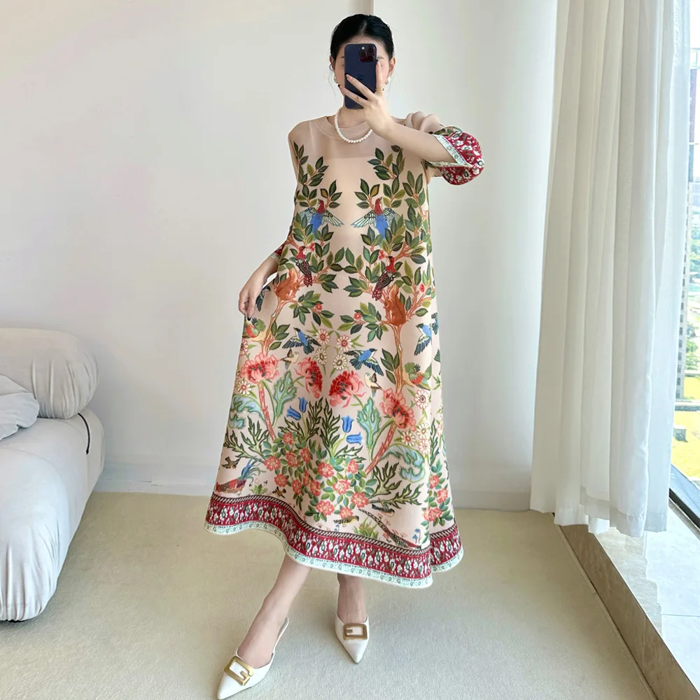 Summer Clothing Essentials Women - 三宅ヴィンテージプリントドレス七部袖カジュアルドレス 2025 夏の新屋外旅行ホリデー必須女性服アパレル