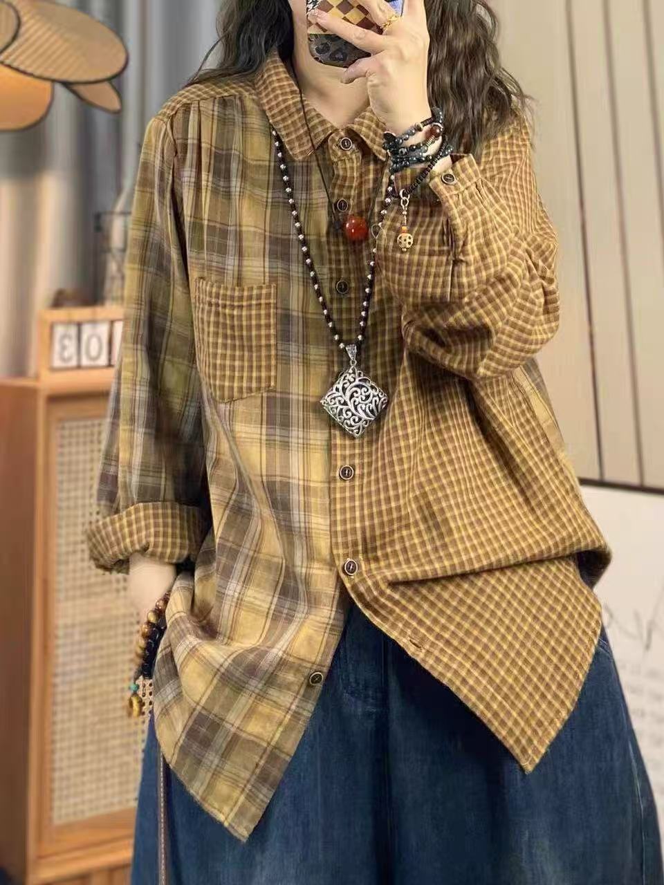 Summer Clothing Yarn - 2026年女性用秋服 日本ファッション コットンヤーン製 レディースチェック柄シャツ ヴィンテージチェック柄パッチワーク長袖ブラウス