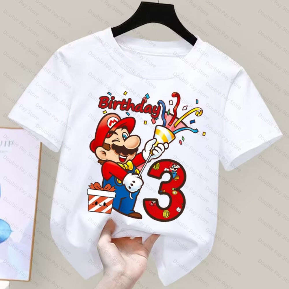 Summer Clothing Japan - 子供用マリオ柄バースデーナンバーTシャツ、男の子と女の子向け、3-8歳、ゆったりとしたクルーネック、半袖、カジュアルな夏用Tシャツ