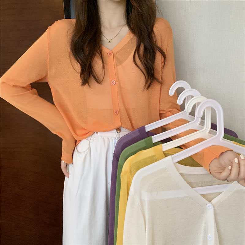 Summer Clothing Yarn - キャンディーカラーの薄いニットカーディガン女性 2025 夏シースルーボタン日焼け防止カーディガンルーズオールマッチ長袖シャツ