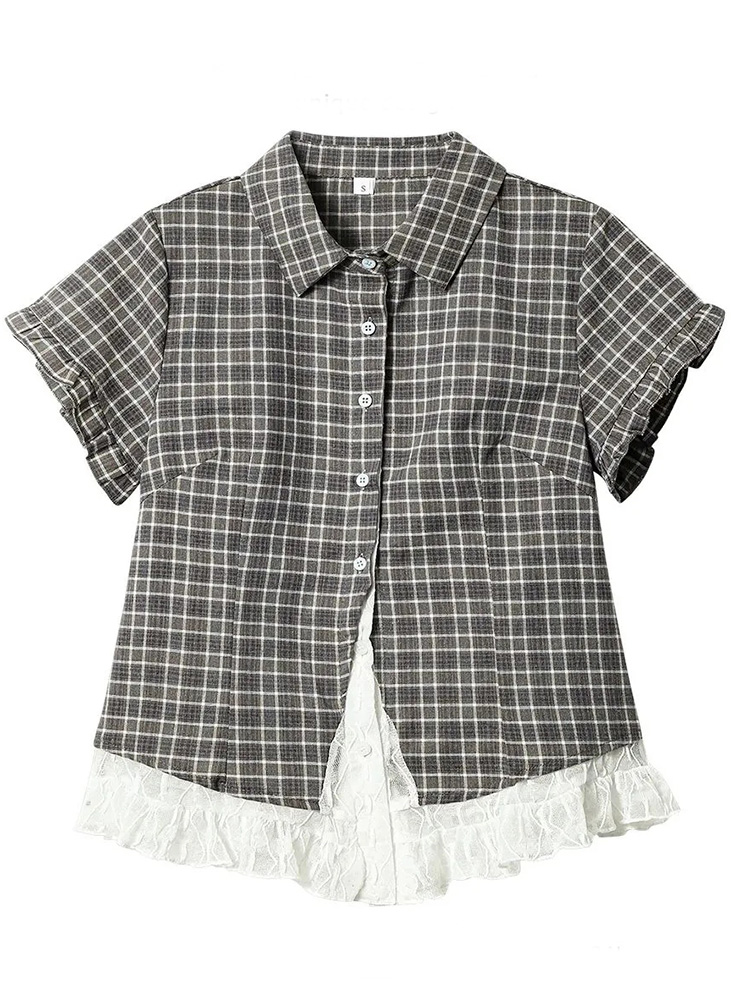 Summer Japanese Clothing - レースパッチワークチェック柄シャツ女性夏甘い半袖ヴィンテージブラウススリム甘いレトロ日本かわいい女性かわいいカジュアルトップス