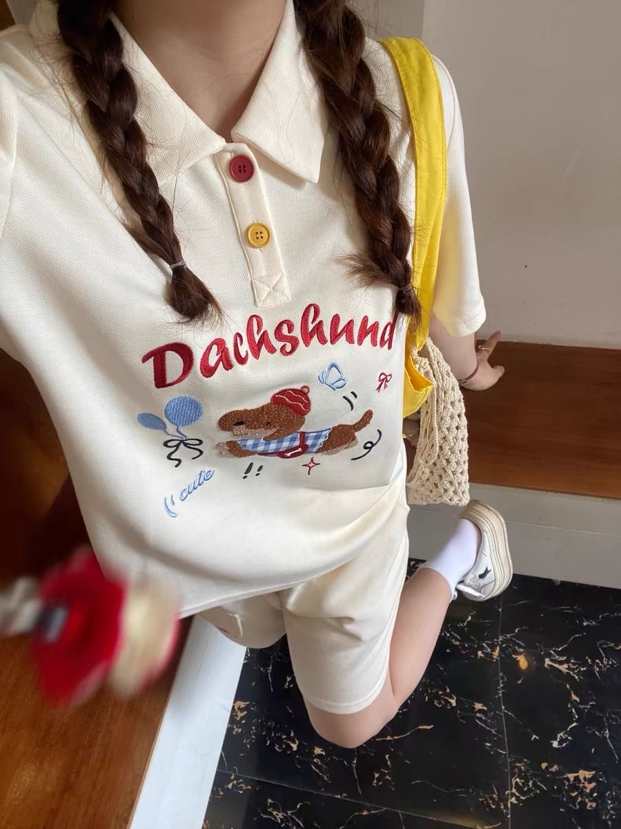 Summer Clothing Japan - かわいい刺繍犬日本スタイルポロシャツ 2 点セット女性の衣装 2025 夏 Y2K