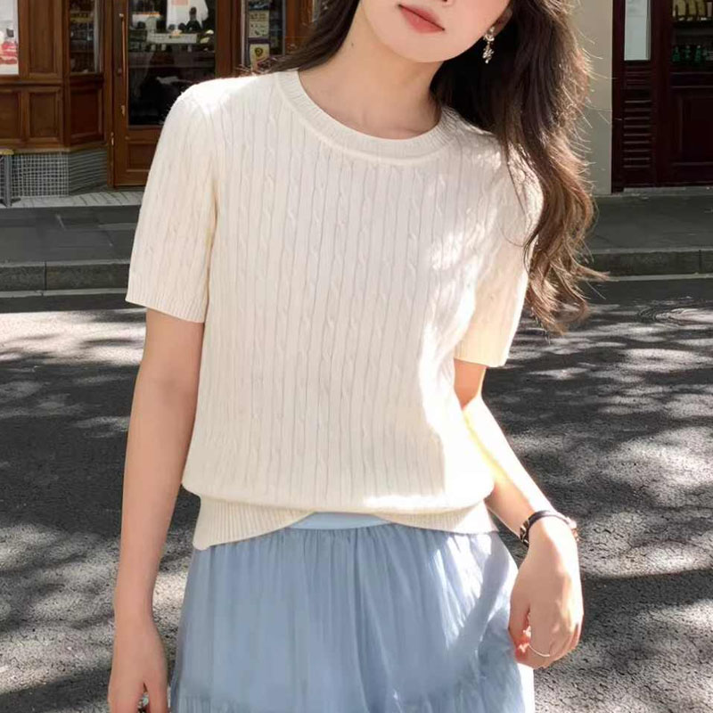 Summer Clothing Yarn - ニットセーター女性プルオーバーニットウェア半袖ニットセータープルオーバー女性トップス新しい夏 O ネック女性服 Q3854