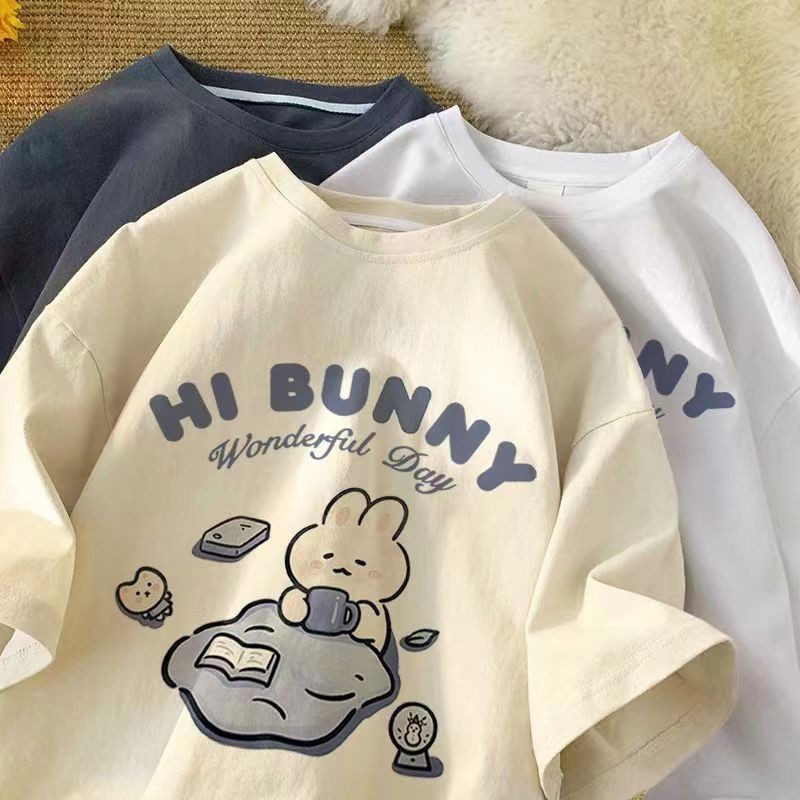 夏日本のかわいいお茶を飲むウサギプリント半袖Tシャツレディー - Summer Japanese Clothing のレビューと価格