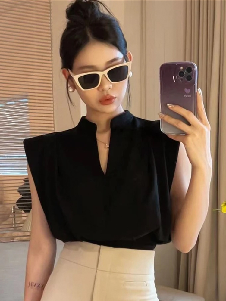 レトロスタンドカラー半袖シャツ女性のファッション韓国スタイル - Summer Clothing Brands のレビューと価格