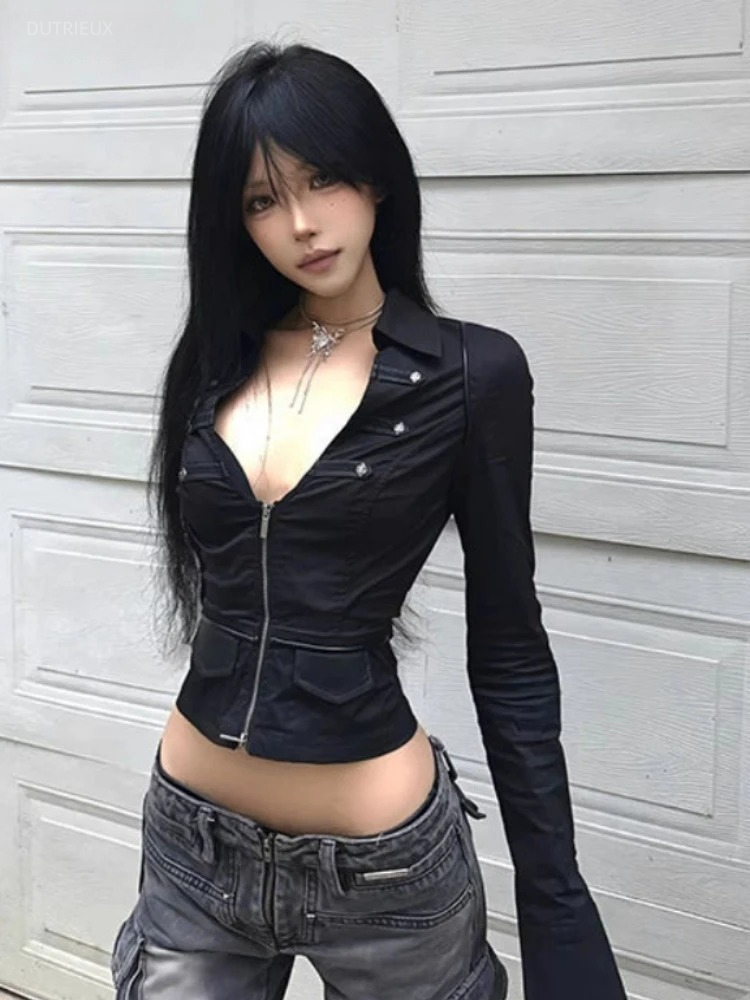 Y2k 美的女性のセクシーなブラウス固体ダブルジッパースリム - Summer Grunge Clothing のレビューと価格