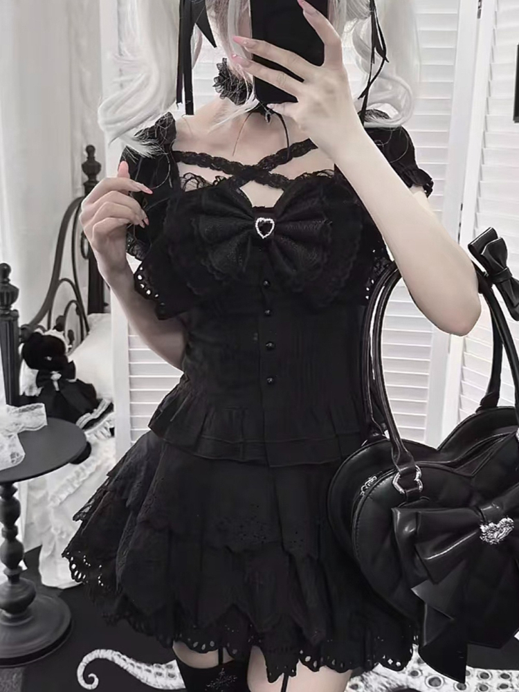 日本のレトロな弓型スリムパフスリーブTシャツ+ハイウエストレ - Summer Japanese Clothing のレビューと価格