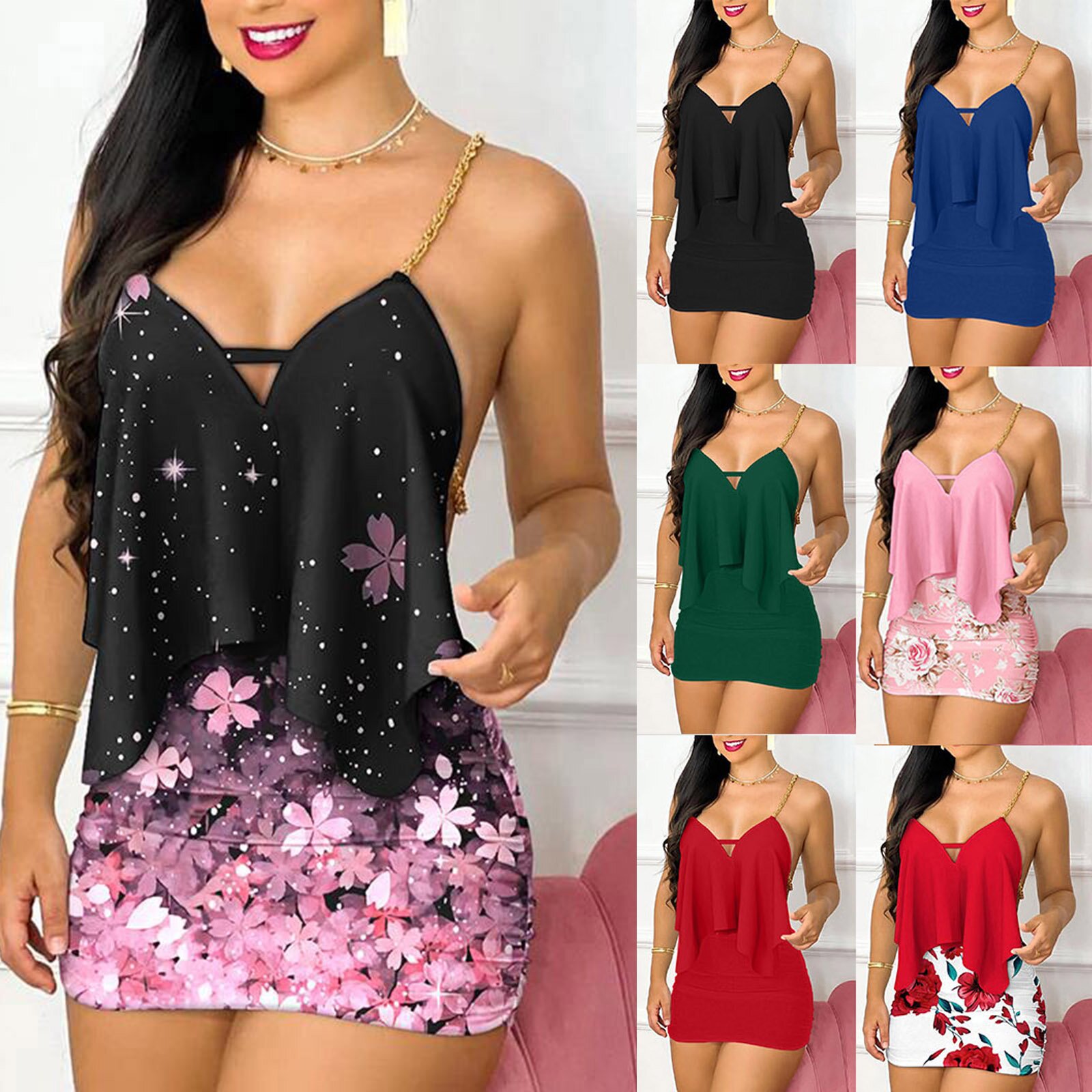 レディースドレス夏のファッション花柄非対称チェーンストラップ - Summer Clothing Accessories のレビューと価格