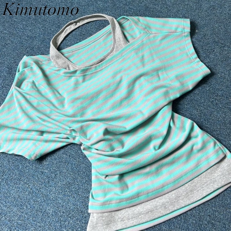 Kimutomo 女性 Tシャツストライププリントパッチワー - Summer Grunge Clothing のレビューと価格