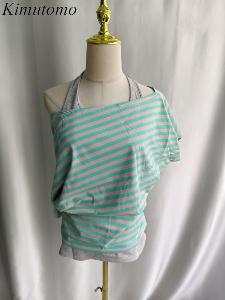 Kimutomo 女性 Tシャツストライププリントパッチワー - Summer Grunge Clothing のレビューと価格