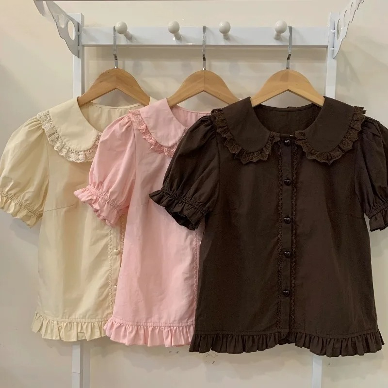 夏日本のかわいいロリータシャツ女性甘いパフ半袖レースフリルス - Summer Japanese Clothing のレビューと価格