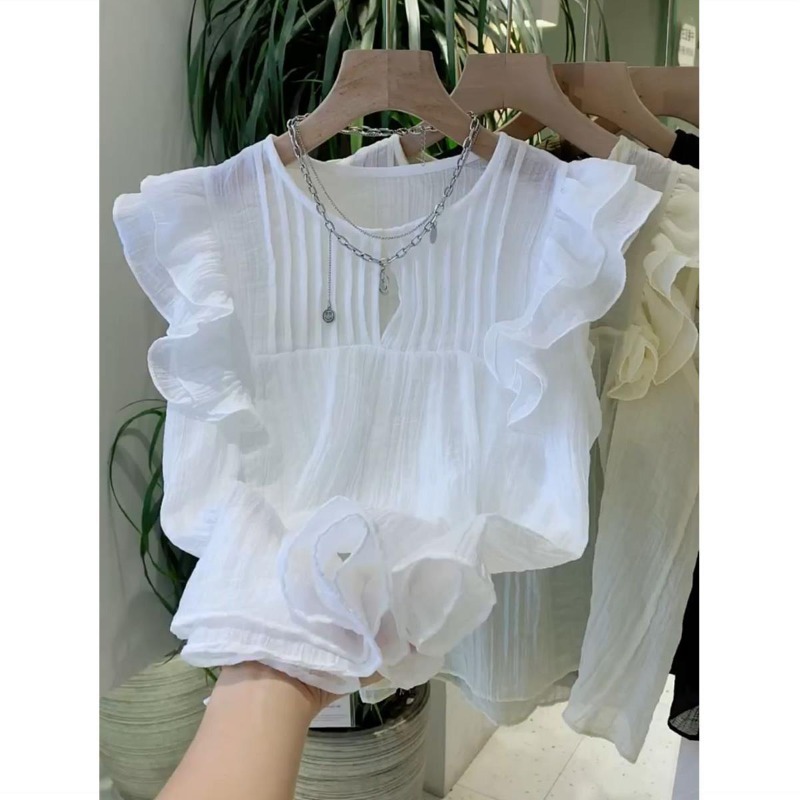 女性用フライングスリーブブラウス、ラウンドネック、フリル、単 - Summer Japanese Clothing のレビューと価格