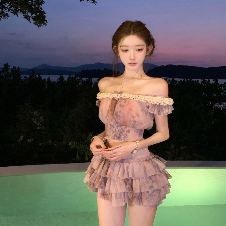 フレンチスウィートコケットオフショルダーレーストリム花柄プリ - Summer Clothing Accessories のレビューと価格