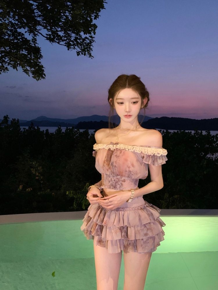 フレンチスウィートコケットオフショルダーレーストリム花柄プリ - Summer Clothing Accessories のレビューと価格
