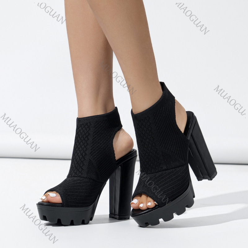 夏の新しいレディースヒールシューズ　ニット編み通気性ブロック - Summer Clothing Accessories のレビューと価格