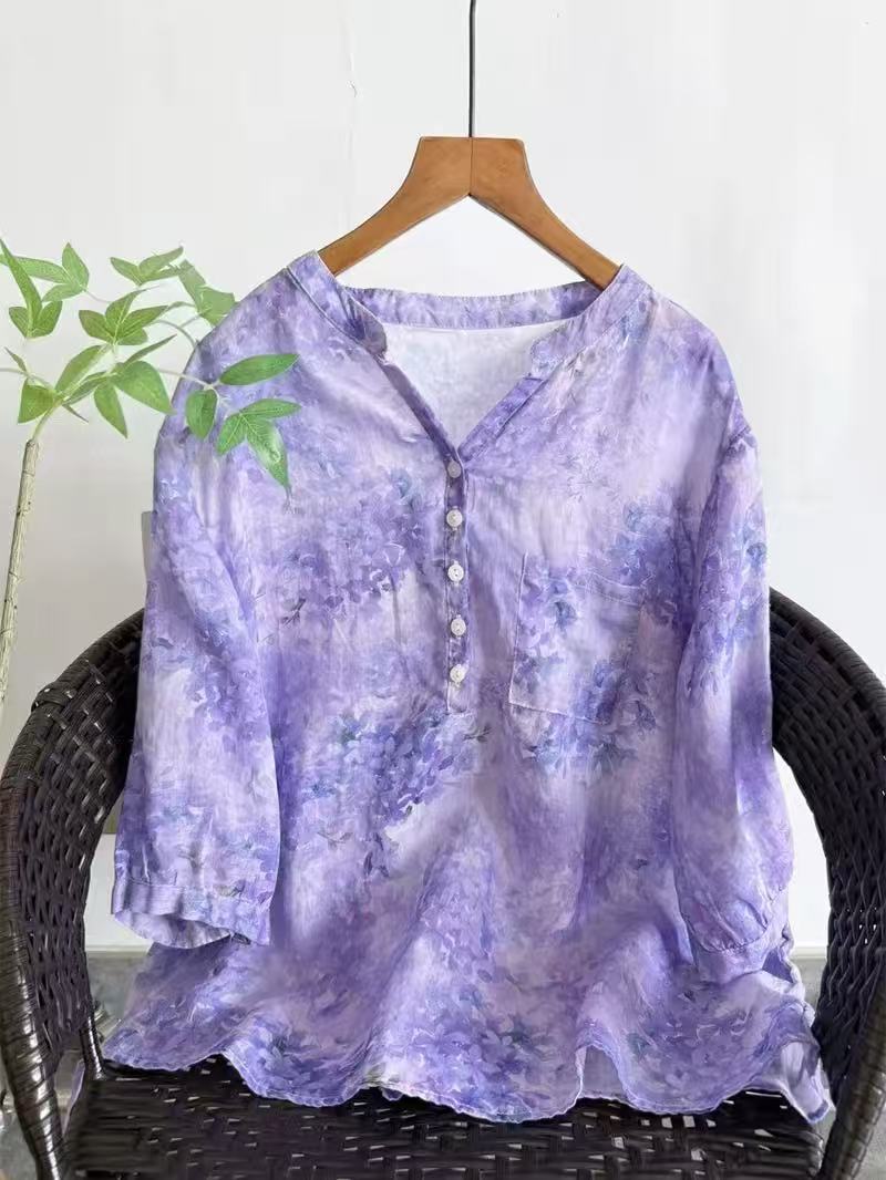 100% ラミーシャツ女性用夏ヴィンテージ V ネック半袖パ - Summer Clothing Japan のレビューと価格