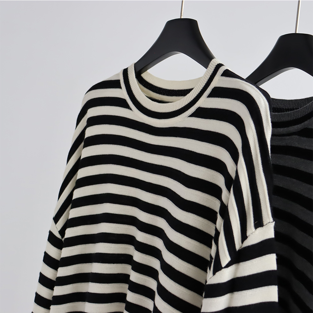 クルーネックストライプニットプルオーバー ウール混紡ルーズセ - Summer Clothing Yarn のレビューと価格