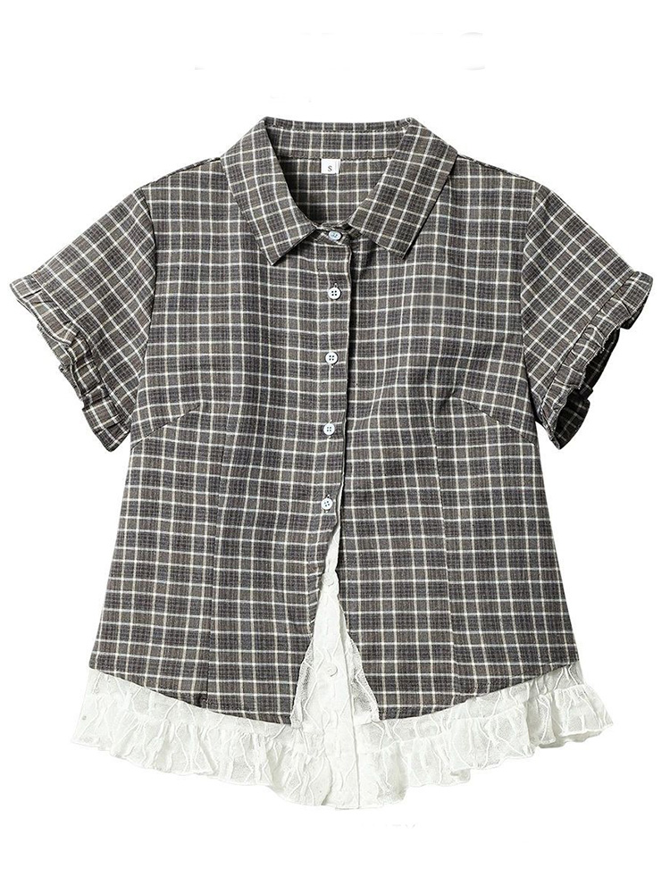 レースパッチワークチェック柄シャツ女性夏甘い半袖ヴィンテージ - Summer Japanese Clothing のレビューと価格