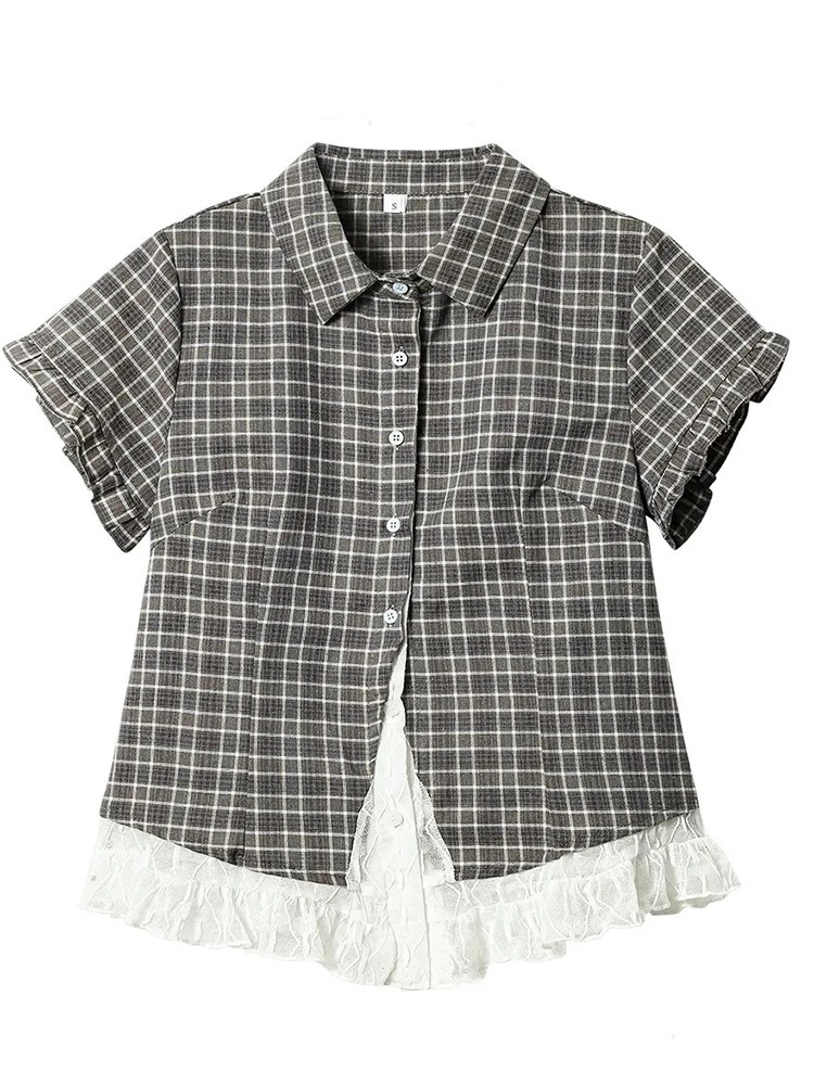 レースパッチワークチェック柄シャツ女性夏甘い半袖ヴィンテージ - Summer Japanese Clothing のレビューと価格