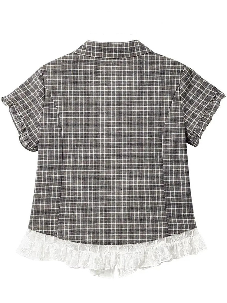 レースパッチワークチェック柄シャツ女性夏甘い半袖ヴィンテージ - Summer Japanese Clothing のレビューと価格
